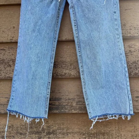 Distressed Blue Denim Jeans W/ Rhinestone Trim & Raw Hem For Women - Picture 4 of 14